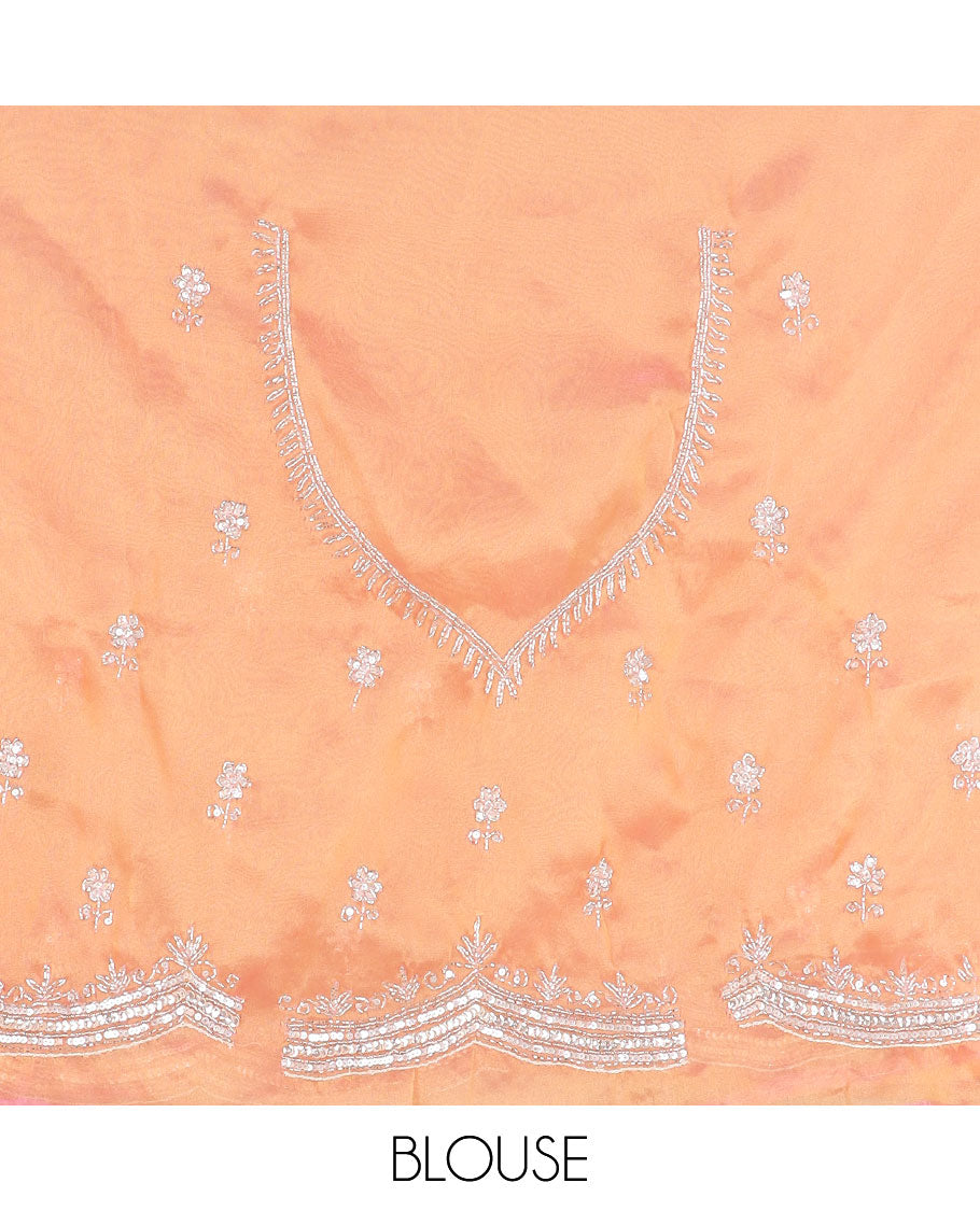 Orange floral embroidered designer organza saree, embroidered scallop border