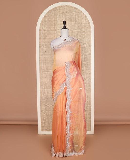 Orange floral embroidered designer organza saree, embroidered scallop border
