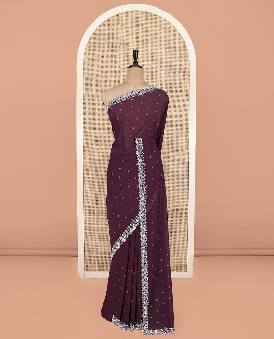 Purple Designer Saree, Beautifully Bedecked with Stone Work, Scallop Lace Border, a Self-Pallu, and a Matching Blouse