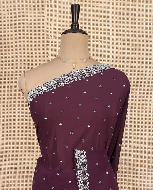 Purple Designer Saree, Beautifully Bedecked with Stone Work, Scallop Lace Border, a Self-Pallu, and a Matching Blouse
