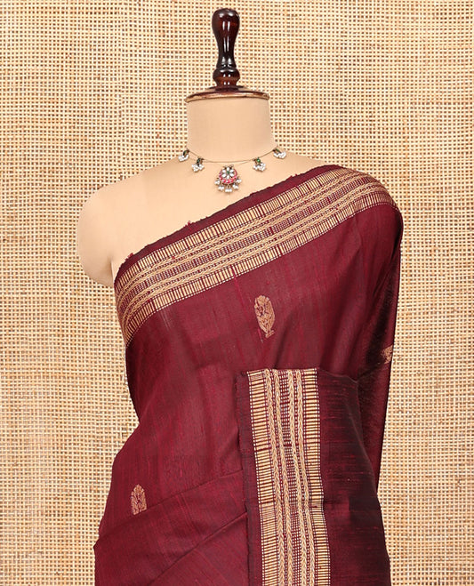 Maroon Dupion Silk Saree, Ornamented with Buttas, a Traditional Border, Striped Pallu, and a Matching Blouse