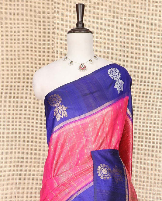 Pink Dupion Silk Saree Decked Up with Checks All Over Its Body, Complemented by a Contrast Border  of Unique Motifs in Zari, Grand Pallu Depicts Geometric Designs, and Paired with a Contrast Blouse