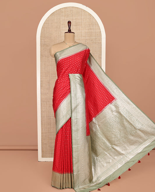 Red Semi-Banaras Dupion Saree, Steeped in Richness of Zari Buttas, Complemented by Contrast Traditional Zari Border, Grand Pallu, and a Contrast Blouse