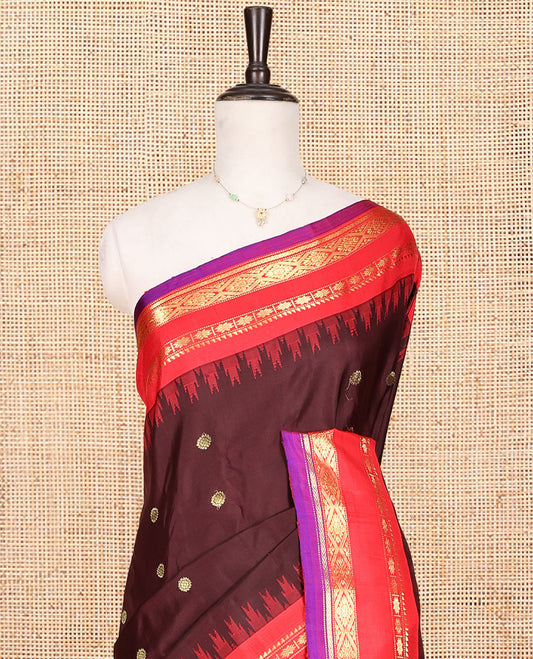 Brown Gadwal Silk Saree, Finely Crafted with Zari Buttas, Complemented by a Contrast Traditional Zari Border, Grand Jaal Pallu, and a Contrast Blouse