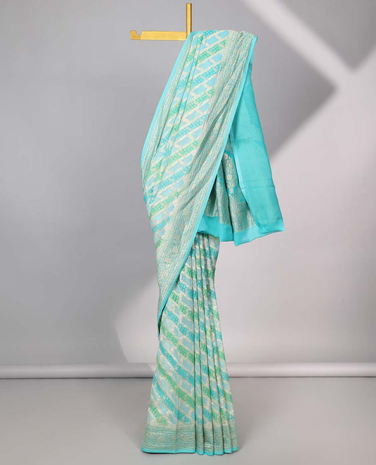 Blue rangkat-style jacquard design banaras georgette saree with zari border & intricate floral design pallu