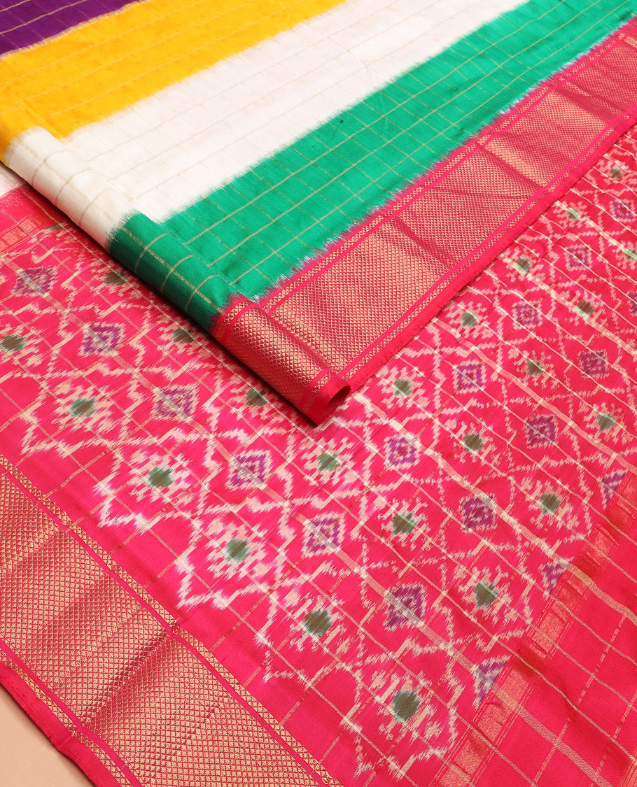 Vibrant Multi-Coloured Blocked Ikkat Silk Saree with Gleaming Zari Checks, Highlighted with a Contrast Border, Jaal Patterned Pallu, and a Contrast Blouse