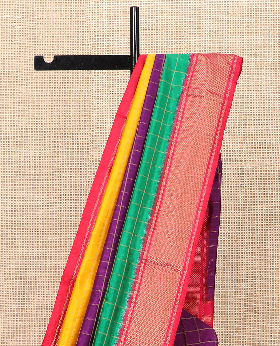 Vibrant Multi-Coloured Blocked Ikkat Silk Saree with Gleaming Zari Checks, Highlighted with a Contrast Border, Jaal Patterned Pallu, and a Contrast Blouse