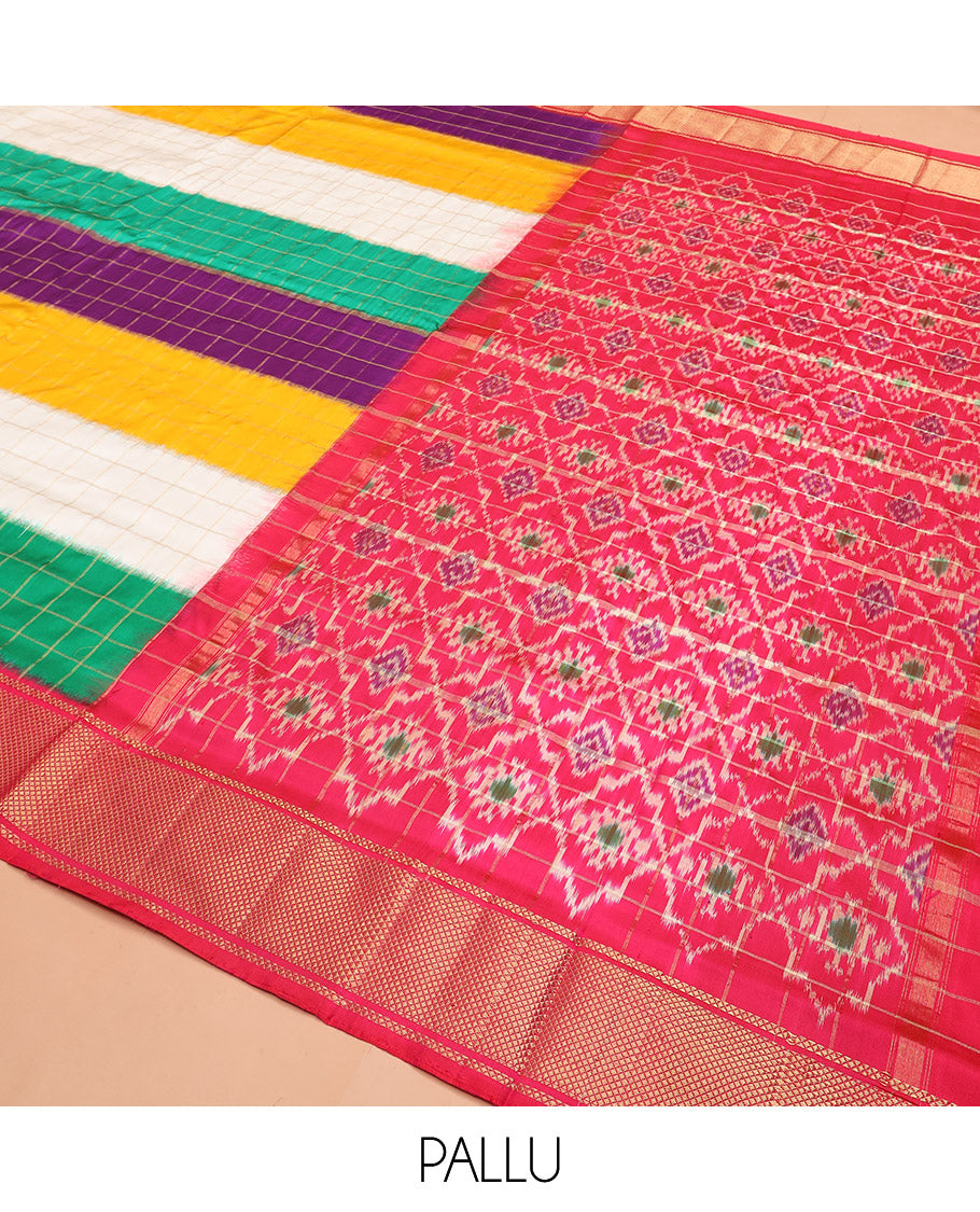 Vibrant Multi-Coloured Blocked Ikkat Silk Saree with Gleaming Zari Checks, Highlighted with a Contrast Border, Jaal Patterned Pallu, and a Contrast Blouse