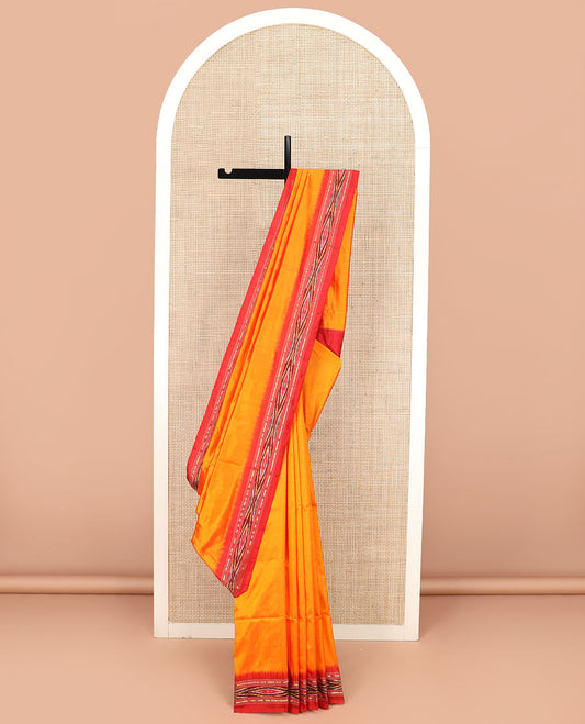 Orange Plain Ikkat Silk Saree with a Contrast Red Border Adorned by a Hazy Ikkat Weave, Featuring a Pallu Flanked by Stripes and Ikkat Texture