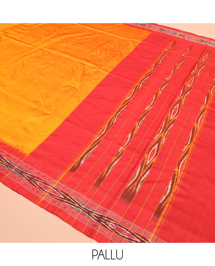 Orange Plain Ikkat Silk Saree with a Contrast Red Border Adorned by a Hazy Ikkat Weave, Featuring a Pallu Flanked by Stripes and Ikkat Texture
