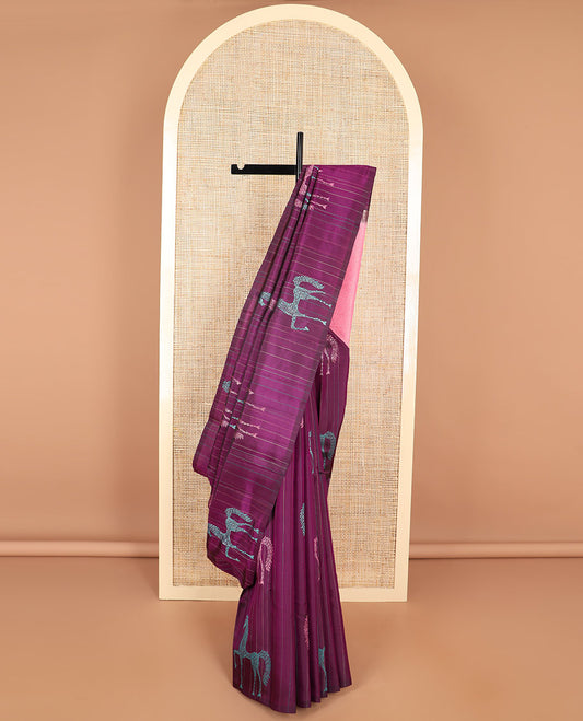 Violet striped, horse design kancheepuram silk sareee with geometric design pallu