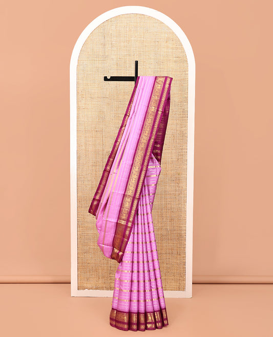Pink Kanchipuram Designer Silk Saree, Majestically Detailed with Zari Stripes, Contrast Temple Border of Muthu, Banaras, Yaali, Mayil, and Jada Nagam, Geometric Pallu, and a Contrast Blouse
