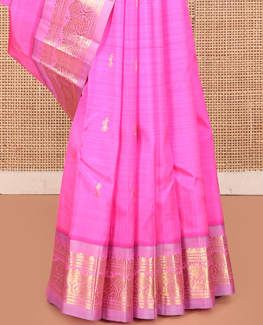 Pink Kanchipuram Silk Saree, Detailed with Zari Buttas, a Contrast One-Sided Traditional Border, Zari Design Pallu, and No Blouse