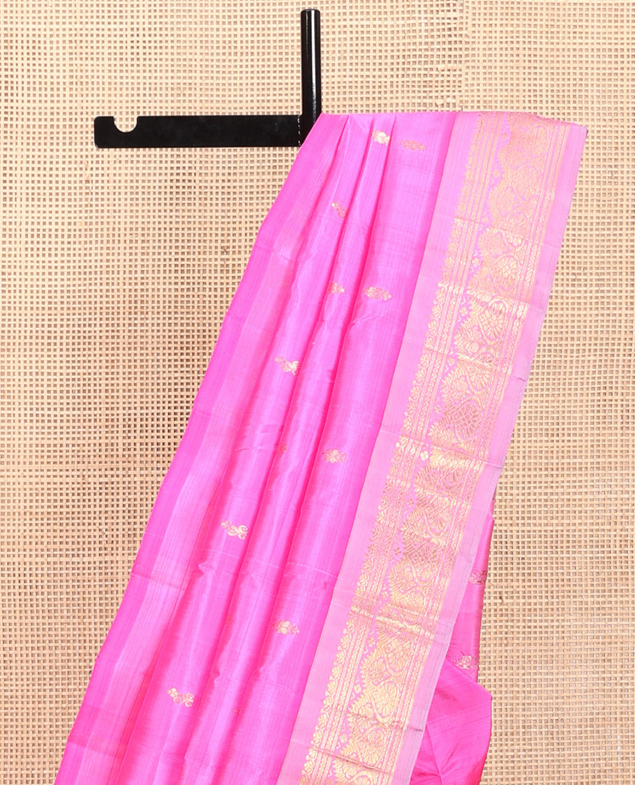 Pink Kanchipuram Silk Saree, Detailed with Zari Buttas, a Contrast One-Sided Traditional Border, Zari Design Pallu, and No Blouse