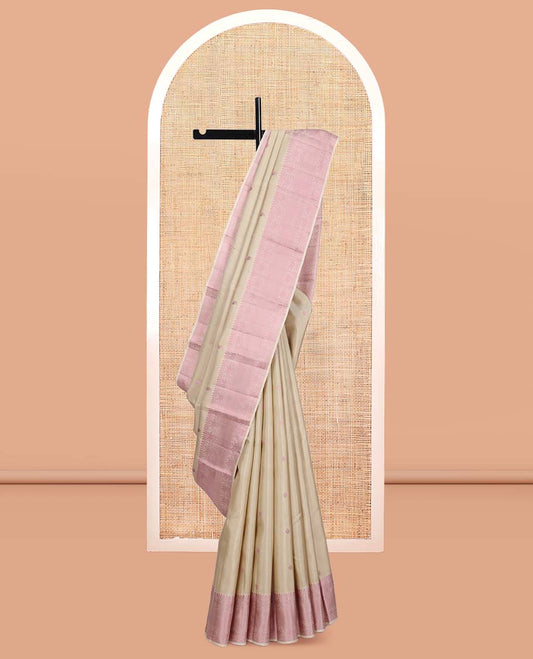 Beige Kanchipuram Silk Saree, Beautifully Bedecked with Thread Buttas, a Self-Border of Thilakam Mokku, Iruthalai Pakshi, and Kuyil Kann, Jaal Pallu, and a Matching Blouse