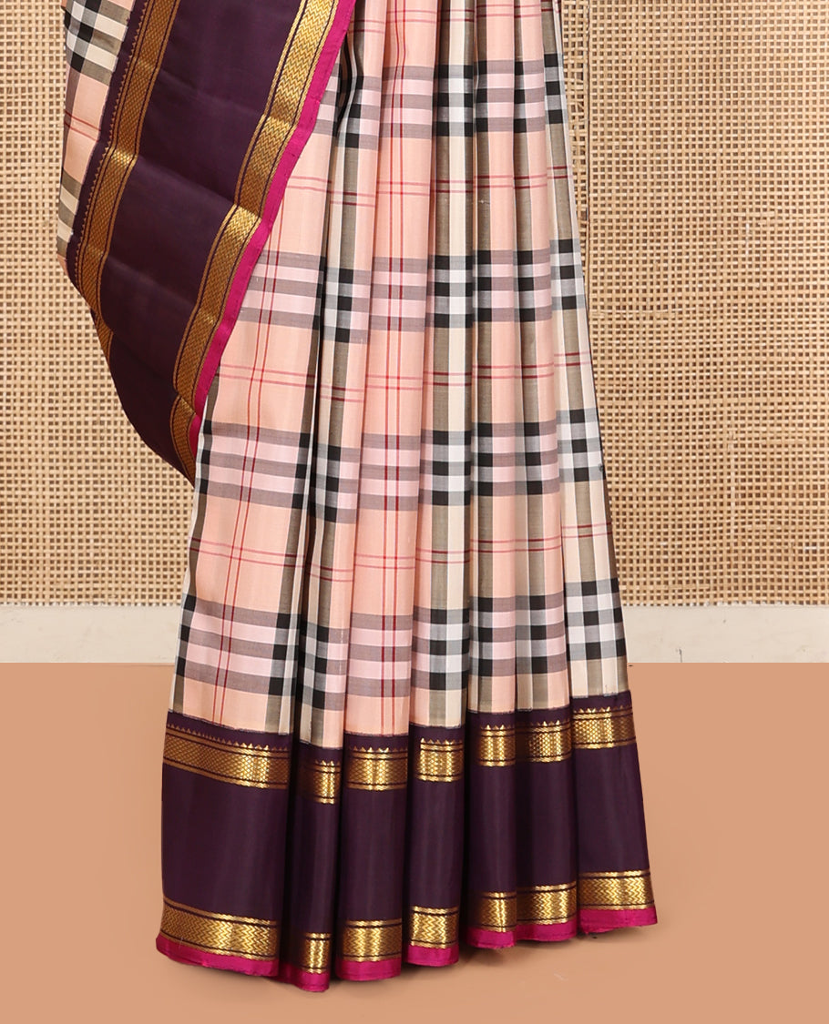 Beige Burberry Checked Kanchipuram Silk Saree, Complemented by a Contrast Rettai Pettu Korvai Border of Rekku, Banaras, Kuyil Kann, and Vanki Designs, Zari Design Pallu, and a Contrast Blouse