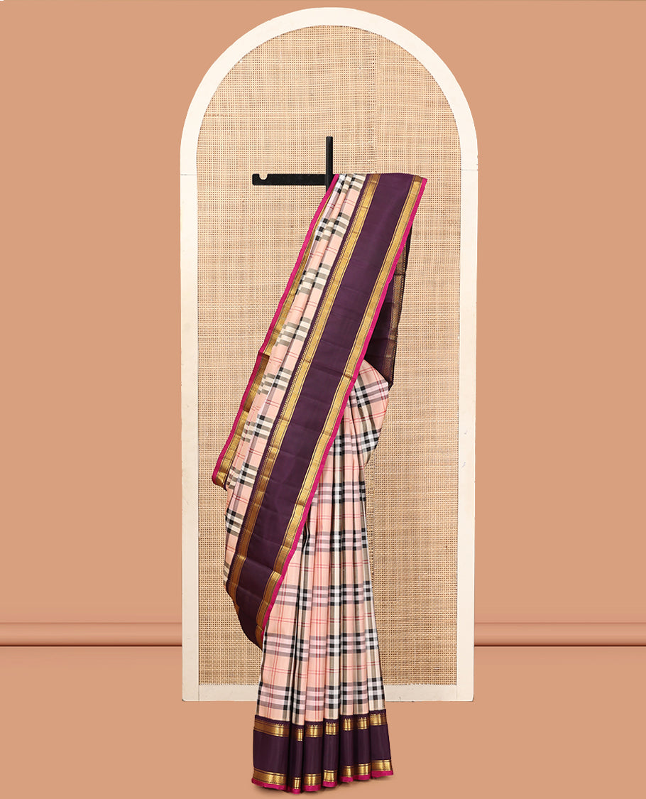 Beige Burberry Checked Kanchipuram Silk Saree, Complemented by a Contrast Rettai Pettu Korvai Border of Rekku, Banaras, Kuyil Kann, and Vanki Designs, Zari Design Pallu, and a Contrast Blouse