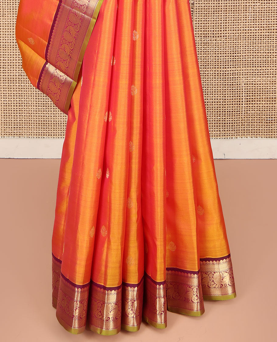 Orange Kanchipuram Silk Saree, Mesmerized with Zari Buttas on Its Body, Complemented by a Contrast Border of Muthu, Mayil Kann, and Mayil Designs, Grand Jaal Pallu, and Paired with a Contrast Blouse