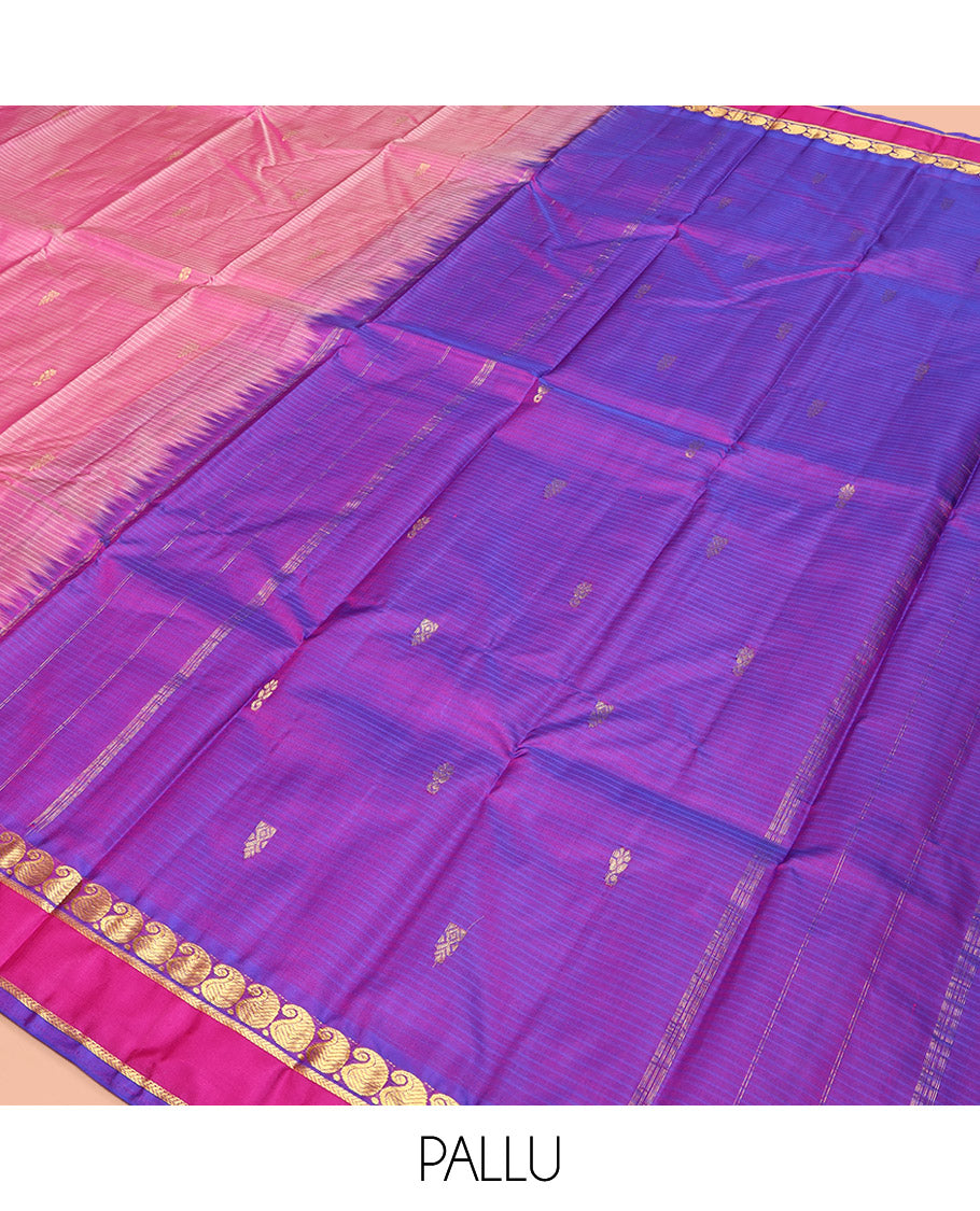 Pink Kanchipuram Silk Saree, Sparsely Woven with Vazhaipoo Stripes and Zari Buttas on Its Body, Complemented by Contrast Rettai Pettu Border of Kathir, and Vanki Manga Designs, Zari-Striped Pallu, and Paired with a Contrast Blouse