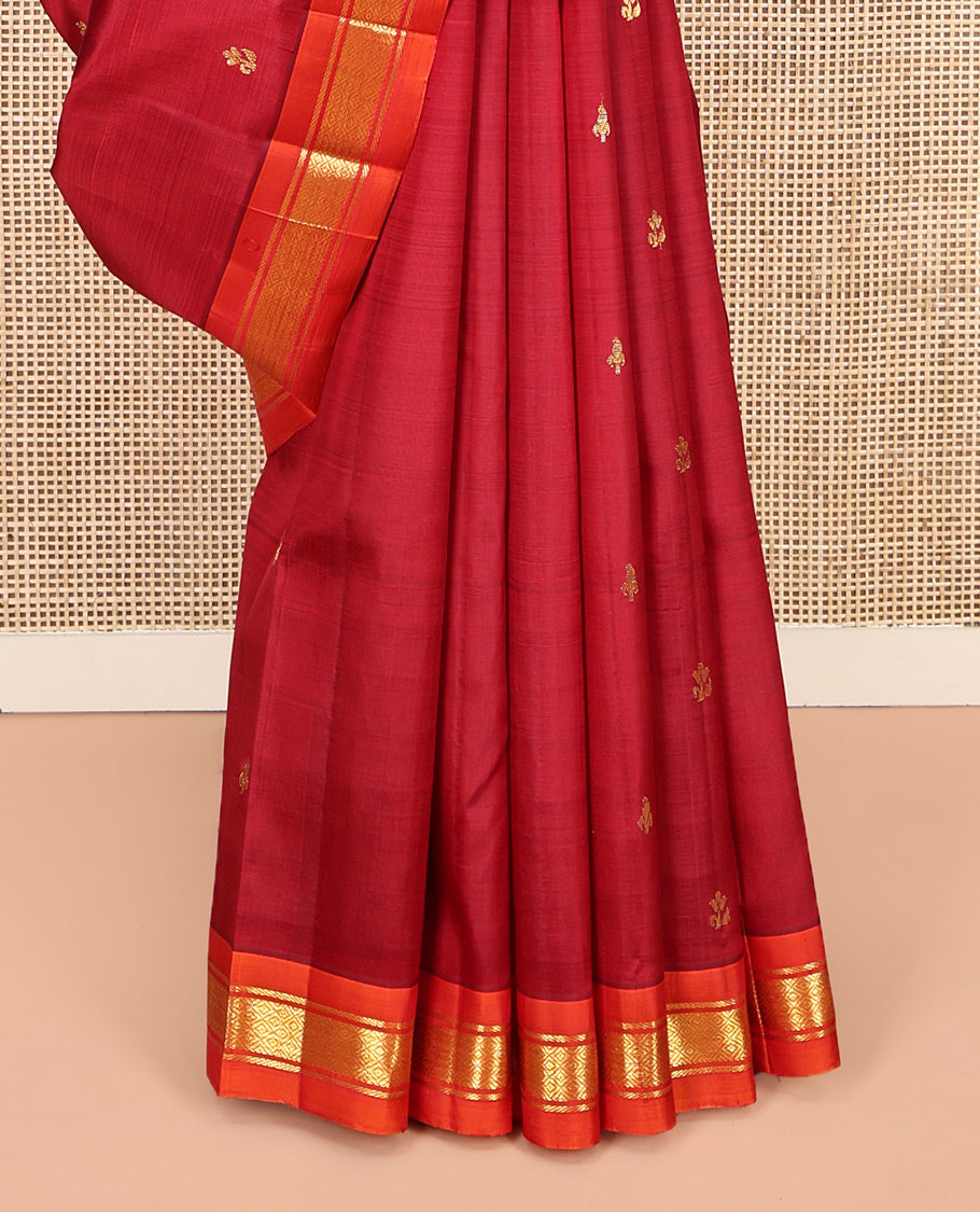 Red Kanchipuram Silk Saree Features Buttas, a Contrast One-Sided Border of Banaras, and Mayil Kann Designs, Zari Design Pallu, and No Blouse