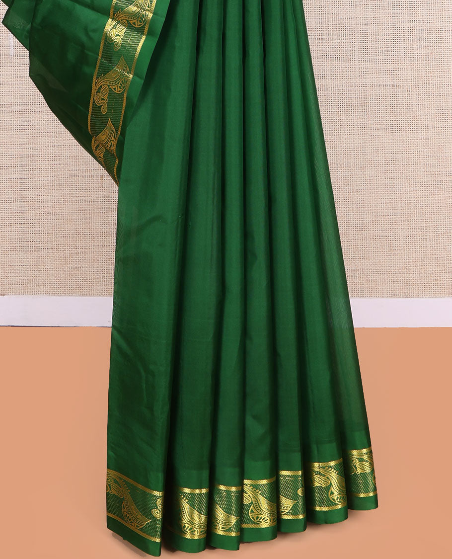 Green Kanchipuram Silk Saree, Woven with Zari Buttas, a Musical Instrument Motif Woven Border, Zari Design Pallu, and a Matching Blouse