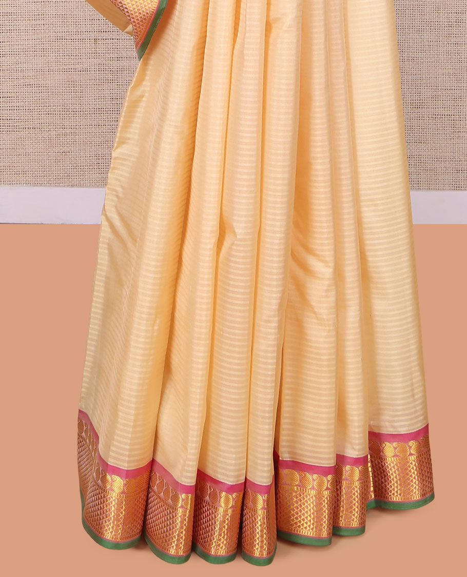 Sandal Vazhaipoo Striped Kanchipuram Silk Saree, Woven with Buttas, Complemented by a Contrast Border of Manga and Ara Maadam, Pallu of Ara Maadam Design, and Contrast Blouse