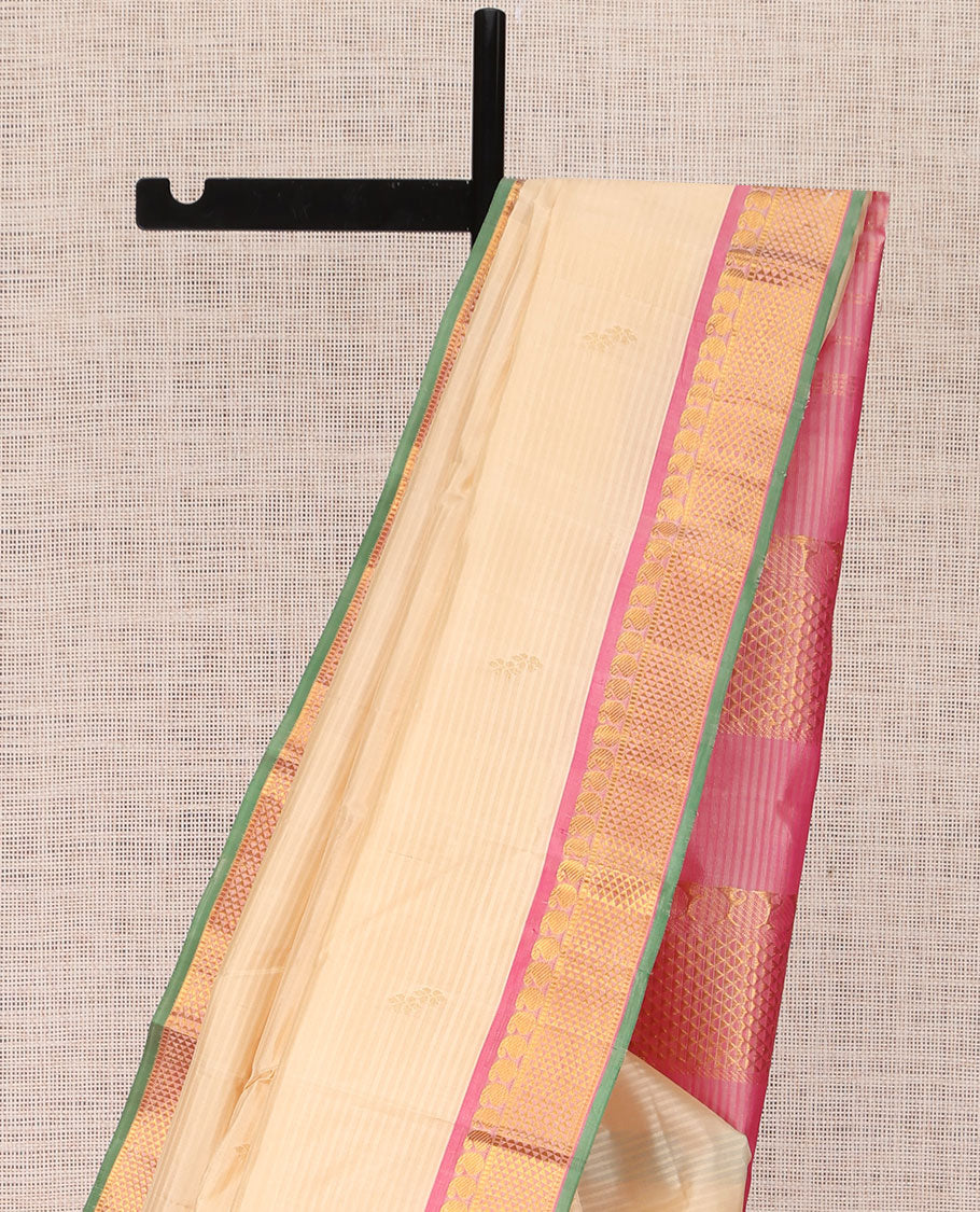Sandal Vazhaipoo Striped Kanchipuram Silk Saree, Woven with Buttas, Complemented by a Contrast Border of Manga and Ara Maadam, Pallu of Ara Maadam Design, and Contrast Blouse