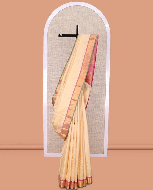 Sandal Vazhaipoo Striped Kanchipuram Silk Saree, Woven with Buttas, Complemented by a Contrast Border of Manga and Ara Maadam, Pallu of Ara Maadam Design, and Contrast Blouse