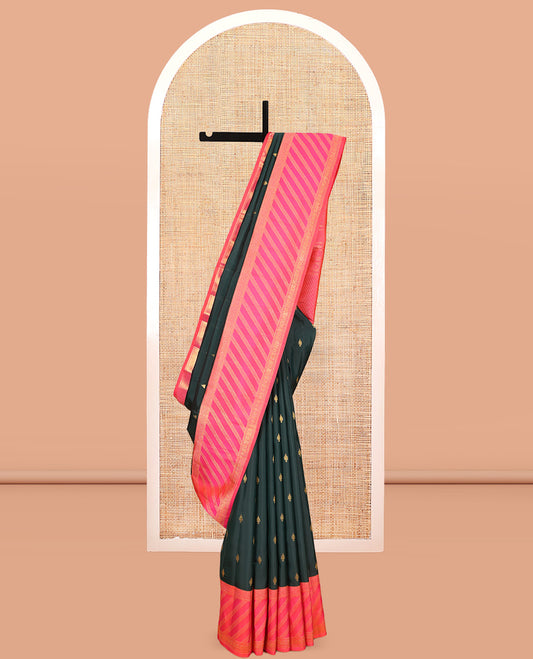 Green Kanchipuram Silk Saree, Woven with Zari Buttas, a Contrast Korvai Border of Thilakam Mokku, Kamalam, Greek Key, and Cross Kamalam Designs, Grand Pallu, and a Contrast Blouse