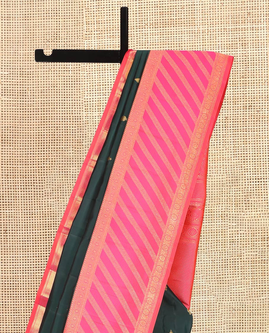 Green Kanchipuram Silk Saree, Woven with Zari Buttas, a Contrast Korvai Border of Thilakam Mokku, Kamalam, Greek Key, and Cross Kamalam Designs, Grand Pallu, and a Contrast Blouse
