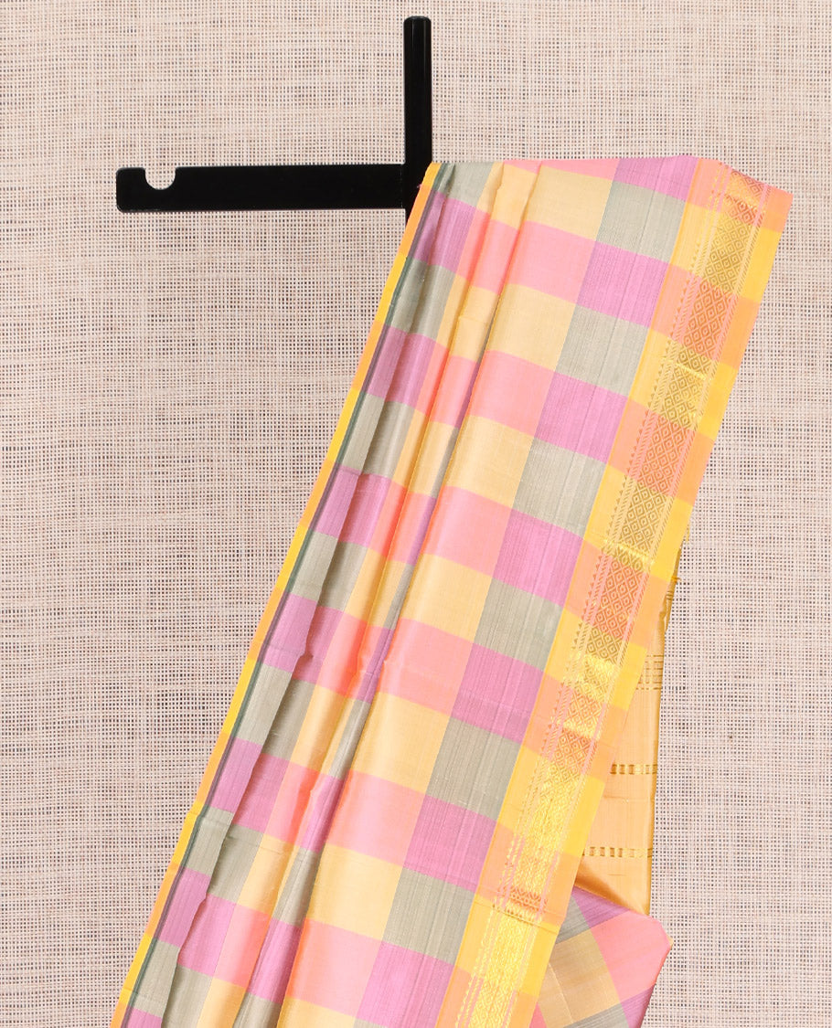 Multi-Color Checked Kanchipuram Silk Saree, a Zari One-sided Border of Rekku, Banaras, and Mayil Kann Designs, Zari Striped Pallu, and No Blouse