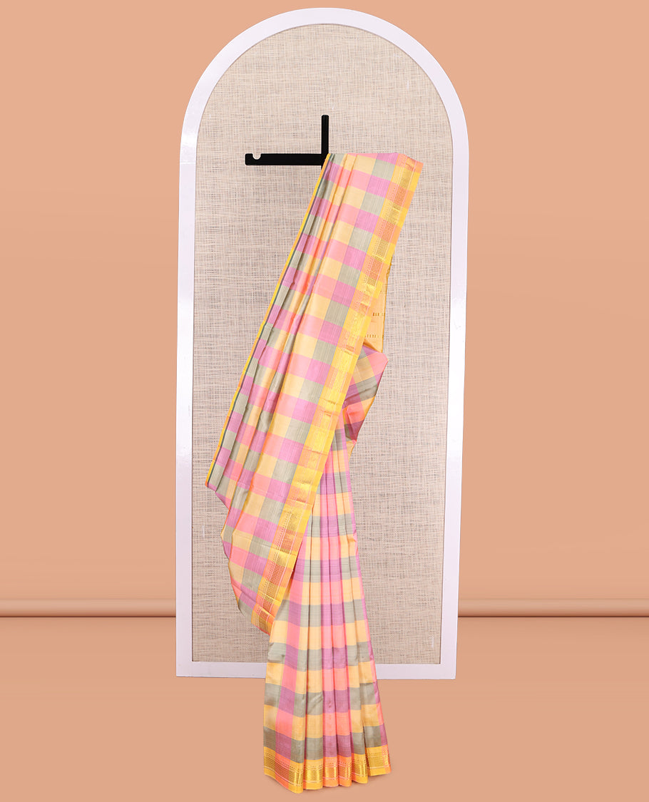 Multi-Color Checked Kanchipuram Silk Saree, a Zari One-sided Border of Rekku, Banaras, and Mayil Kann Designs, Zari Striped Pallu, and No Blouse