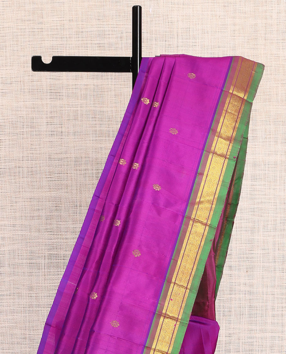 Purple Kanchipuram Silk Saree, Woven with Zari Buttas, a Contrast One-Sided Border of Banaras, and Jaal Designs, Zari Design Pallu, and No Blouse