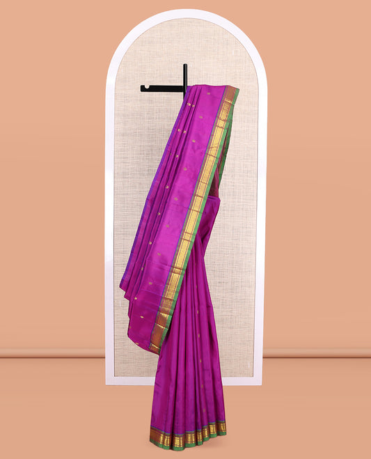Purple Kanchipuram Silk Saree, Woven with Zari Buttas, a Contrast One-Sided Border of Banaras, and Jaal Designs, Zari Design Pallu, and No Blouse