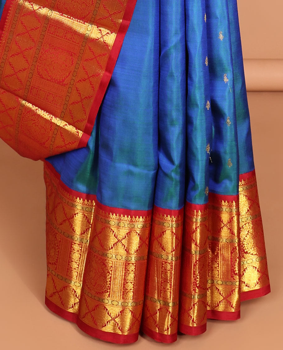 Blue kancheeuram silk saree with contrast korvai zari design border & striped pallu