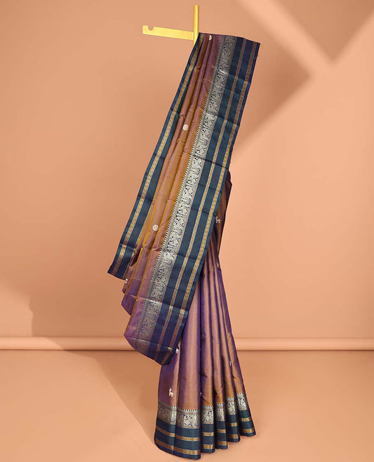 Brown floral buttas kancheepuram silk saree with contrast border of banaras, muthu, paun design & intricate zari design pallu