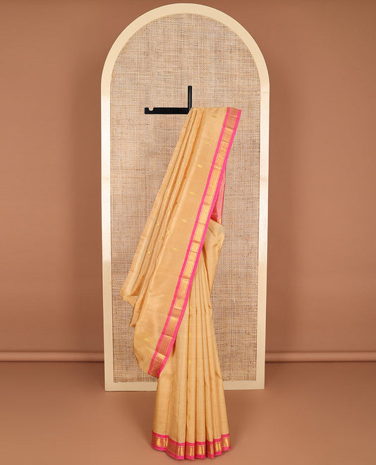 Light orange floral buttas kancheepuram silk saree with contrast zari design border & striped, floral design pallu