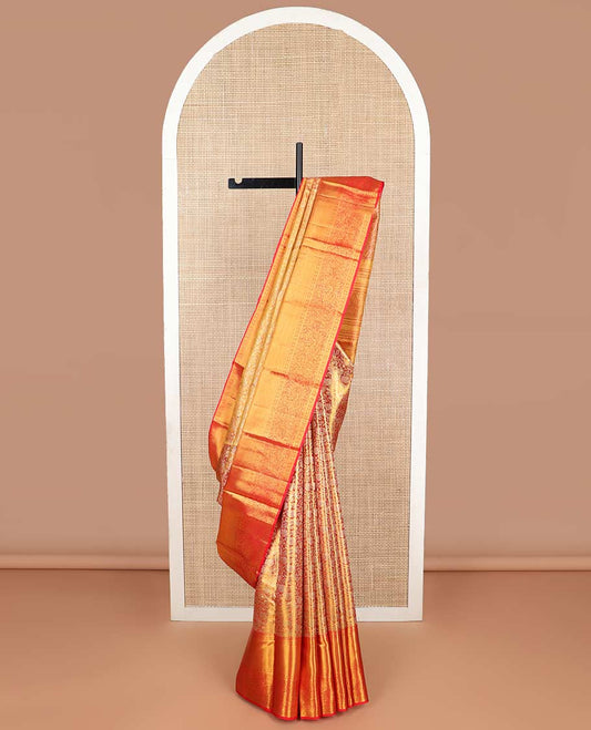 Red floral design kancheepuram tissue silk saree  with self border of thilakam mokku, banaras, paun, mayil kann design & jaal design pallu