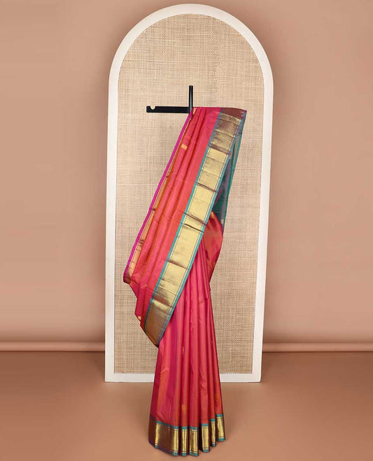 Red buttas kancheepuram silk saree with contrast ganga jamuna geometric design border & floral design pallu