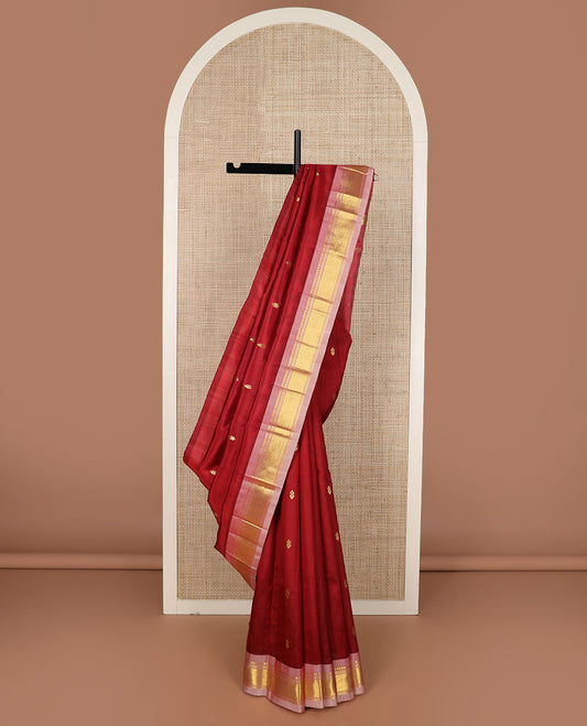 Red zari buttas Kanchipuram silk saree, contrast border of panner sombu, banaras & jaal design & zari design pallu