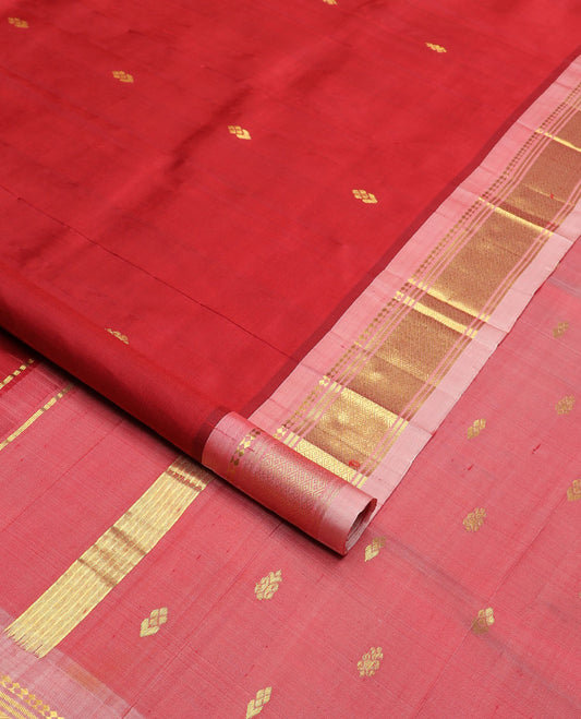 Red zari buttas Kanchipuram silk saree, contrast border of panner sombu, banaras & jaal design & zari design pallu