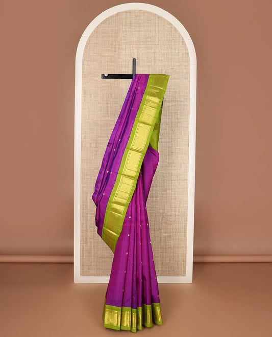Pink zari buttas silk saree, contrast one-sided korvai border of salangai & jaal designs & pallu of zari designs