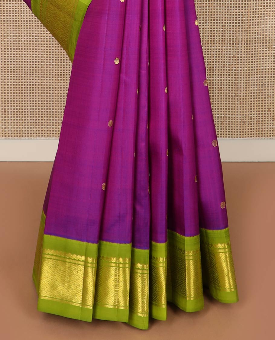Pink zari buttas silk saree, contrast one-sided korvai border of salangai & jaal designs & pallu of zari designs