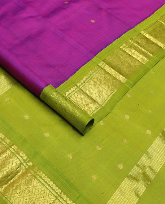 Pink zari buttas silk saree, contrast one-sided korvai border of salangai & jaal designs & pallu of zari designs