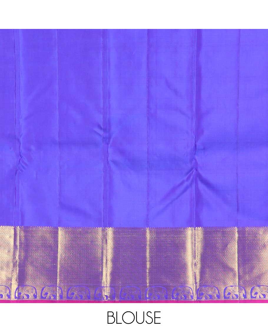 Red annam chakram buttas enclosed checked Kanchipuram silk saree, contrast border of rekku, muthu, mayil kann, and yaanai designs, and pallu of jaal, and peacock in the veena motifs