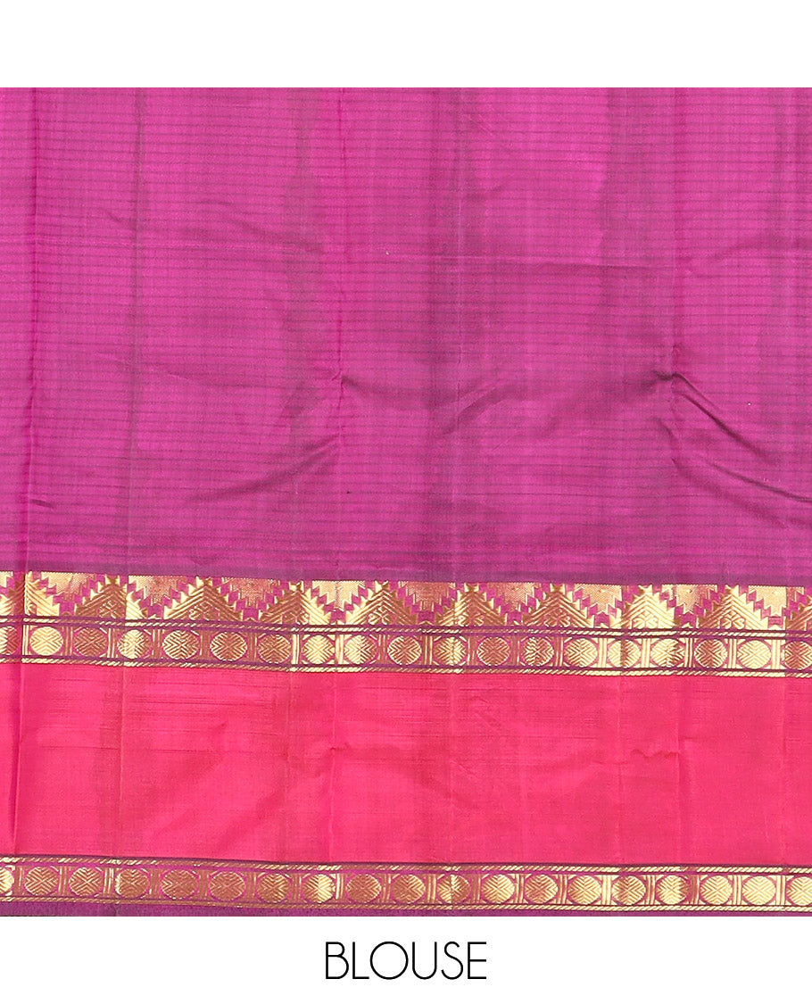 Pink striped Kanchipuram silk saree, contrast rettai pettu border of thazampoo rekku, and rudraksham designs, and zari striped pallu