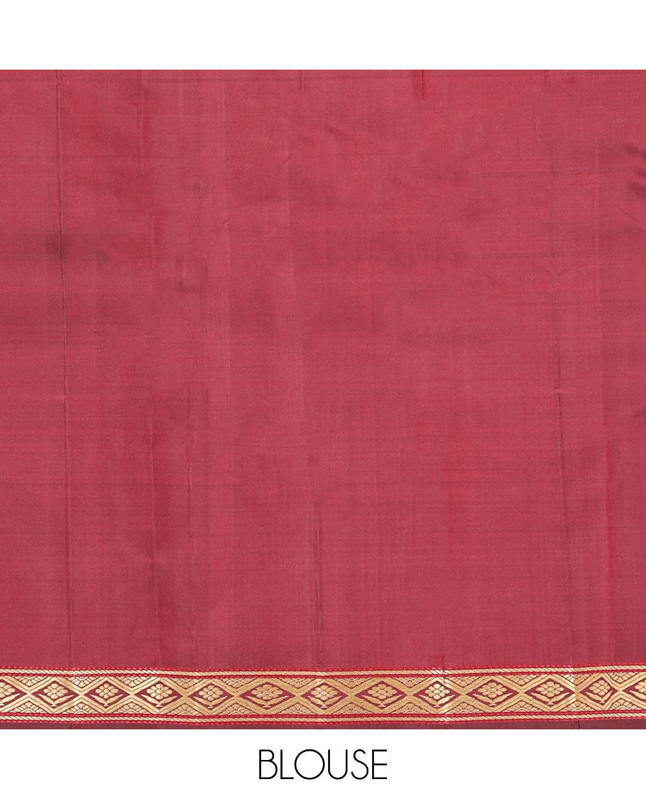 Maroon buttas Kanchipuram silk saree, self-border of diamond designs, and jaal pallu
