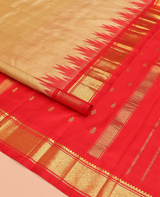 Sandal zari buttas Kanchipuram silk saree, contrast thazampoo rekku border of thilakam mokku, banaras, and jaal designs, and zari design pallu