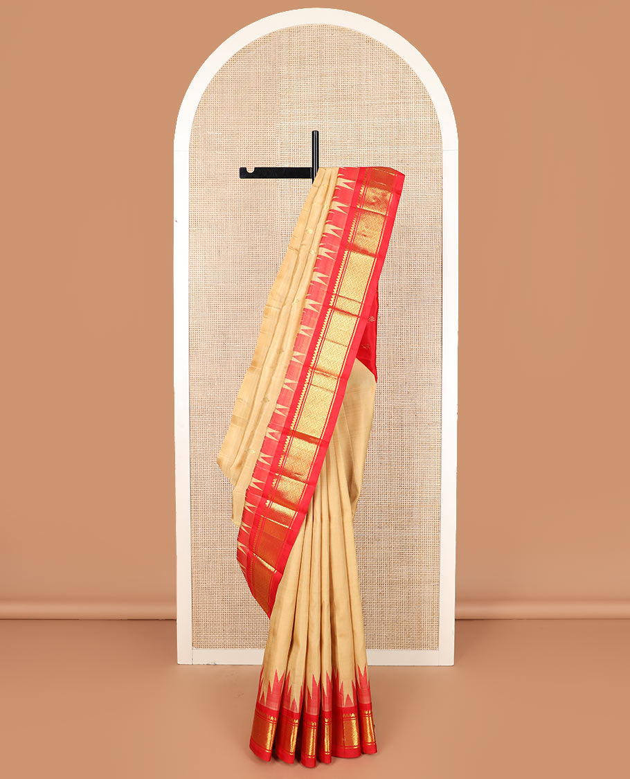 Sandal zari buttas Kanchipuram silk saree, contrast thazampoo rekku border of thilakam mokku, banaras, and jaal designs, and zari design pallu