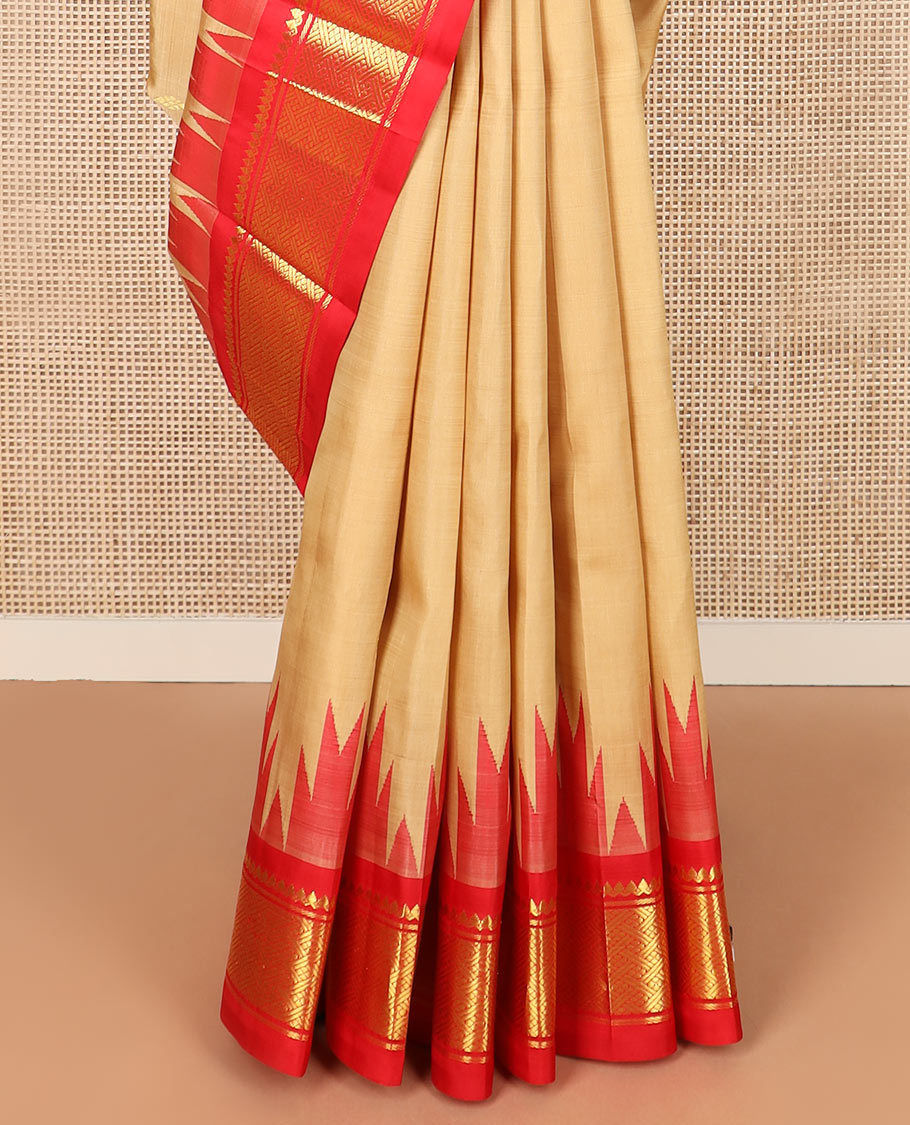 Sandal zari buttas Kanchipuram silk saree, contrast thazampoo rekku border of thilakam mokku, banaras, and jaal designs, and zari design pallu